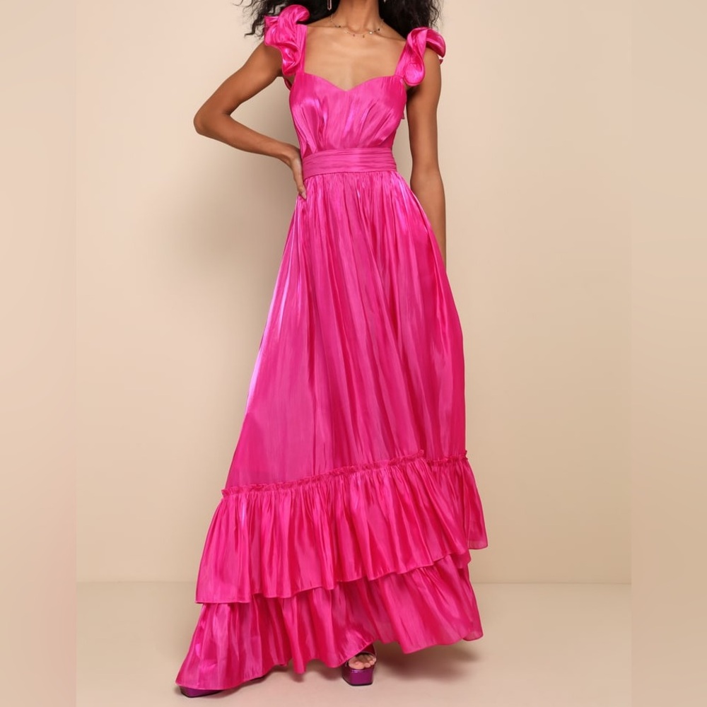 Lulus Pristine Glow Magenta Pink Ruffled Tie-Back Maxi Dress Size XL